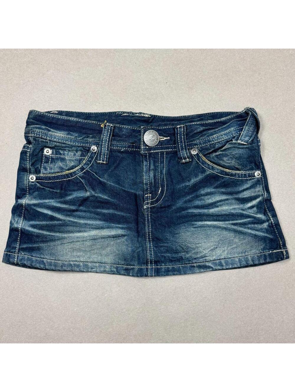 Vintage Y2K Denim Micro Mini Skirt Low Rise Faded Sandblasted